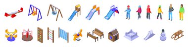 Winter playground icons set isometric vector. Children garden snow fun. Sled urban city clipart