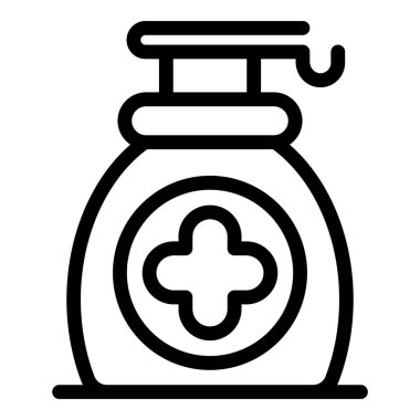 Tıbbi sabun ikonu ana hatları vektörü. Cilt bakım sıvısı. Hijyenik temizlik çözeltisi şişesi