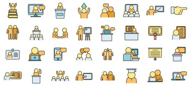 Akıl hocası simgeleri dış hat vektörünü ayarlar. İş liderliği. Organizasyon becerisi ince çizgi rengi düz izole