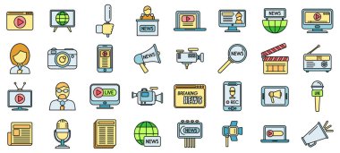 Reportage simgeleri ana hat vektörünü ayarlar. Röportaj haberleri. Kamera TV ince çizgi renk düz izole