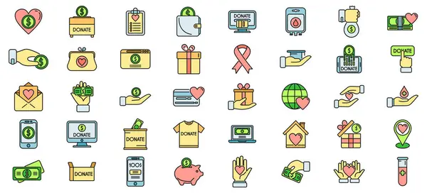 stock vector Charitable giving icons set outline vector. Donate food. Nonprofit sponsor thin line color flat isolated