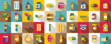 Beslenme takviyesi ikonları düz vektör oluşturur. Vitamin etiketi. Paket multivitamin