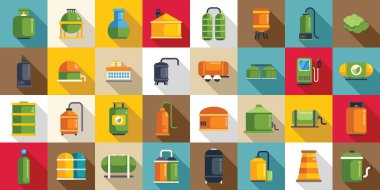 Biyogaz simgeleri düz vektör belirledi. Etanol enerjisi. Biyoyakıt fabrikası atıkları