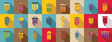 Wind chime icons set flat vector. Home wave sound. Music gold material clipart