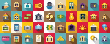 Merkez Bankası simgeleri düz vektör ayarladı. İşletme binası. Para yönetimi