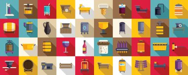 Şarap üretim ikonları düz bir vektör oluşturdu. Şaraphane tarımı. Endüstri süreci