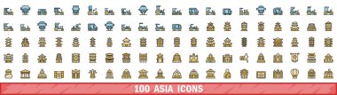 100 asia icons set. Color line set of asia vector icons thin line color flat on white clipart