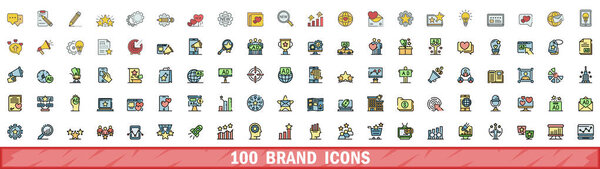 100 наборов иконок бренда. Набор цветовых линий бренда векторные значки тонкой линии цвет плоский на белом
