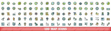 100 map icons set. Color line set of map vector icons thin line color flat on white clipart