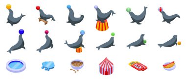 Topun simgelerini tutan mühür izometrik vektördür. Hayvan oyunu. Karnaval gösterisi