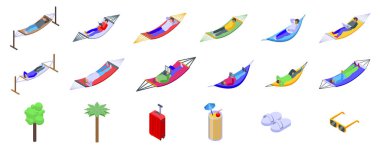 Man relax hammock icons set isometric vector. Beach vacation rest. Tourist outdoor clipart