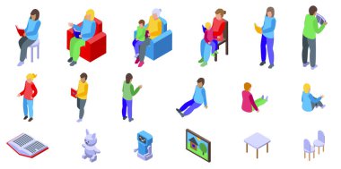 Dadı çocuk simgeleri okuyor, izometrik vektör ayarlandı. Aile şefkati. Ev bakıcısı.