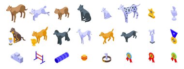 Köpek şampiyonu kupa ikonları izometrik vektör ayarlandı. Kazanan kaidesi. Evcil hayvan ödülü