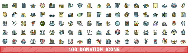 100 Donationsikoner Inställda Färg Linje Uppsättning Donation Vektor Ikoner Tunn — Stock vektor
