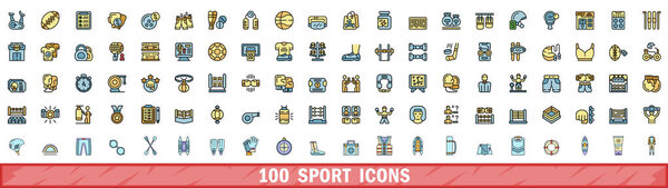 Набор из 100 спортивных икон. Набор цветовых линий спортивных векторных иконок тонкой линии цвета плоской на белом