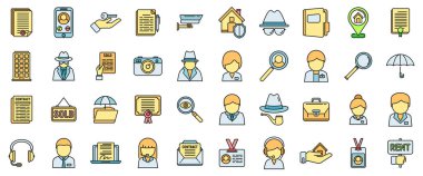 Ajan simgeleri dış hat vektörünü ayarlayın. Kamera algılandı. Dosya dedektifi ince çizgi rengi düz izole