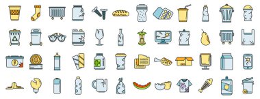 Atık simgeleri dış hat vektörünü ayarlar. Çöp yiyeceği. Taze plastik ince çizgi rengi düz izole