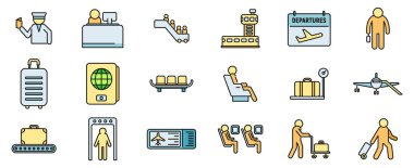 Havayolu yolcu simgeleri ana hat vektörünü ayarlayın. İnsanların davası. İnce çizgi rengini izole et