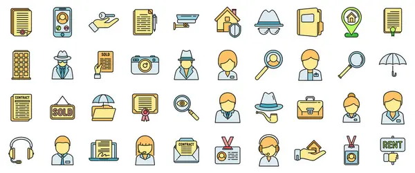 stock vector Agent icons set outline vector. Camera detect. Case detective thin line color flat isolated