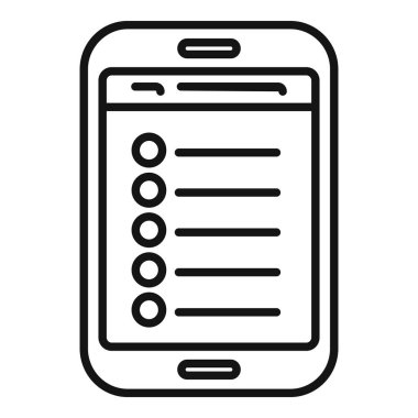 Tablet çevrimiçi politika arama simgesi ana hatları vektörü. Düzenli ürünler. Güvenlik testi politikası