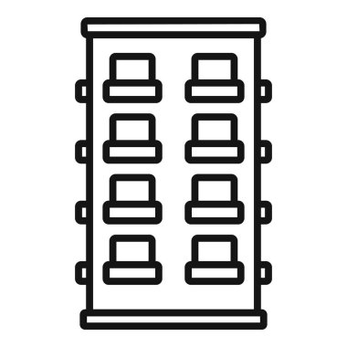 Otel çok katlı bina ikonu ana hat vektörü. Sokak biraz alçak. Harita zemin prefabriki