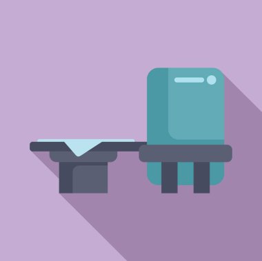 Tanısal aygıt simgesini düz vektörle izle. Röntgen tıbbi taraması yap. Bilgisayar kliniği