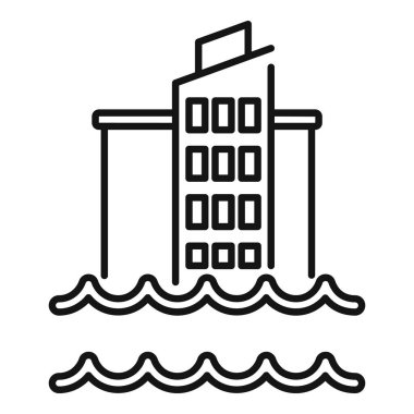 Sel problemi olan şehir simgesi ana hatları vektörü. İklim değişikliği felaketleri. Okyanus erozyonu