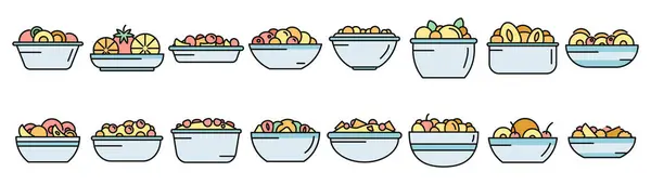 水果沙拉图标设置纲要向量 膳食卡路里 鲜食细线色扁平在白色上 免版税图库矢量图片
