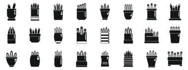 Kalem standı simgeleri basit vektör ayarlayın. Okul sanat simsarı. Yaratıcı çalışma kupası