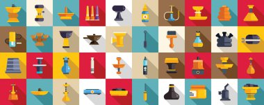 Hookah accessories icons set flat vector. Smoke flame shop. Tobacco lifestyle clipart