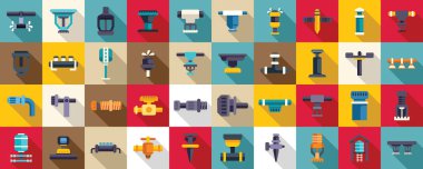 Yangın söndürme sistemi simgeleri düz vektör ayarlandı. Su arıtma. Pivot boru hattı