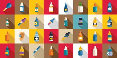 Kulak damlası simgeleri düz vektör ayarlayın. İlaç tüpü. Sağlıklı bakım tedavisi