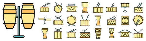 Bubnové Ikony Nastavily Vektor Osnovy Hudba Nástrojů Bongo Bass Tenká Royalty Free Stock Ilustrace