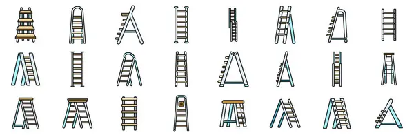 Step Ladder Icone Impostare Vettore Contorno Metallo Domestico Scala Legno Vettoriali Stock Royalty Free