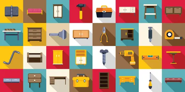 Furniture Assembly Icons Set Flat Vector Wood Work Design Production Stock Illustration