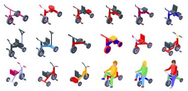 Kids tricycle icons set isometric vector. Riding bike. Character transport clipart