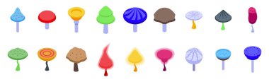 Fantasy mushrooms icons set isometric vector. Magic fungi. Forest ui game clipart