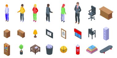 School principal office room icons set isometric vector. Director furniture. Education control clipart