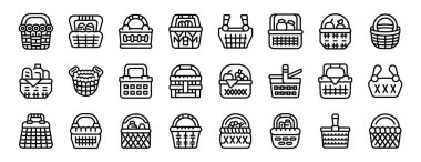 Hasır sepet simgeleri ana hat vektörünü ayarlayın. Piknik yemeği. Açık hava öğle yemeği.