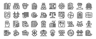 Esg simgeleri dış hat vektörünü ayarlar. Sosyal şirket. Ekonomi şirketi işi.