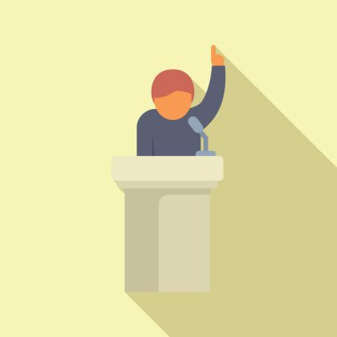 Tribün ikonu düz vektöründe motivasyon konuşmacısı. Konuşma işi. Rota aşaması