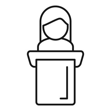 Kadın motivasyon konuşmacısı ikonu ana hatları vektörü. Lider mesajı. Rota adayı