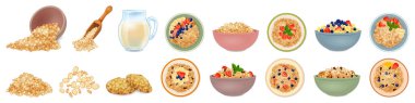 Oatmeal icons set cartoon vector. Muesli cereal. Flake meal cup clipart