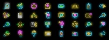 Hedef izleyici simgeleri ana hat vektörünü ayarlayın. Medya servisi. Siyah üzerine dijital çarpım neon rengi