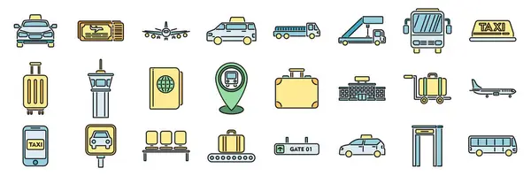 stock vector Airport transfer icons set outline vector. Flight lost. Time baggage thin line color flat on white