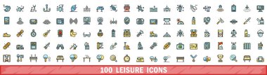 100 leisure icons set. Color line set of leisure vector icons thin line color flat on white clipart
