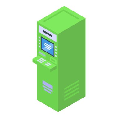 Açık yeşil ATM ikonu izometrik vektörü. Malzemeleri nakite çevir. Sokak konumu