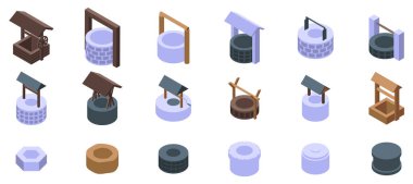 Old water well icons set isometric vector. Wood stone. Garden fresh drink clipart