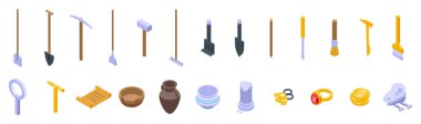 Excavation tools icons set isometric vector. Ancient inventory. Antique digging clipart