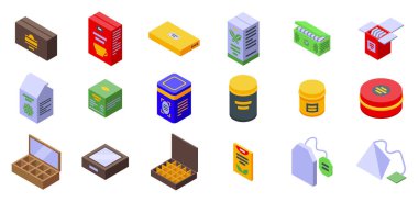 Çay kutusu simgeleri izometrik vektörü ayarladı. İçki torbası. Teneke bardak ürünü